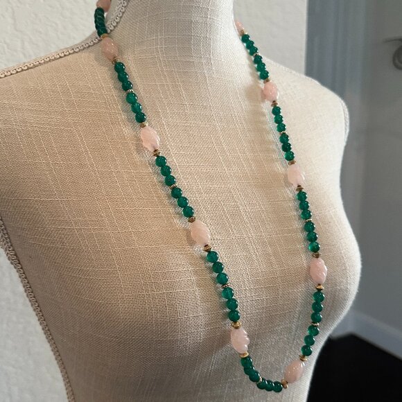 Vintage Rose Quartz and Green Glass Beaded Necklace - Picture 2 of 5